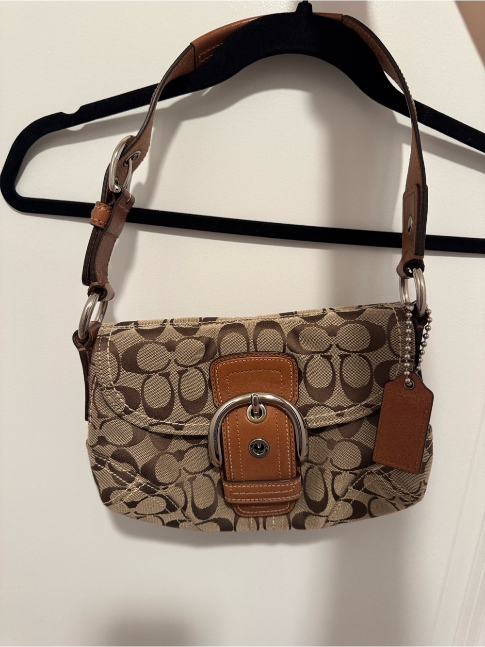 Early 2000s Coach Signature Canvas Shoulder Bag in Brown and Tan